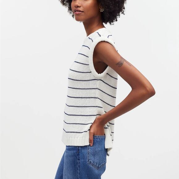 NWT Madewell Puff-Trim Sweater Vest in Stripe Bright Ivory Size Small S - Picture 3 of 9